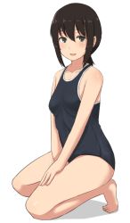 Rule 34 | 10s, 1girl, :d, barefoot, between legs, black hair, black one-piece swimsuit, blush, breasts, brown eyes, brown hair, feet, from side, fubuki (kancolle), full body, grey eyes, hair between eyes, hand between legs, hand on own thigh, kantai collection, kneeling, looking at viewer, low ponytail, one-piece swimsuit, open mouth, ponytail, shadow, short hair, sidelocks, simple background, small breasts, smile, solo, swimsuit, taji (crowview), tiptoes, white background