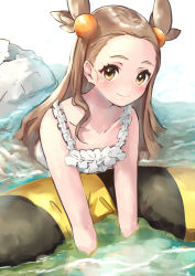 Rule 34 | 1girl, blush, brown eyes, brown hair, creatures (company), dress, e-co, frilled dress, frills, game freak, gym leader, hair ornament, jasmine (pokemon), long hair, looking at viewer, nintendo, partially submerged, pokemon, pokemon gsc, rock, smile, solo, two side up, water, white dress