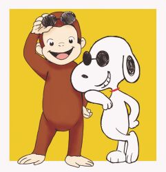 Rule 34 | adjusting eyewear, animal ears, animal focus, black eyes, border, choker, commentary request, crossed legs, crossover, curious george, dog, dog ears, floppy ears, full body, furry, george (curious george), grin, hand on eyewear, hand on own hip, leaning on person, looking at viewer, monkey, no humans, open mouth, peanuts, red choker, round eyewear, simple background, smile, snoopy, straight-on, sunglasses, white border, witoi (roa), yellow background
