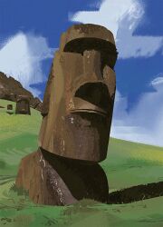 Rule 34 | blue sky, cloud, day, easter island, field, film grain, grass, hill, moai, no humans, object focus, original, outdoors, painterly, scenery, seamousmcfly, shadow, sky, statue, still life