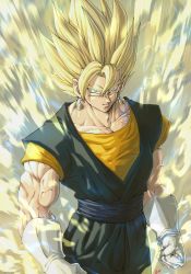 Rule 34 | 1boy, aura, blonde hair, clenched hands, closed mouth, commentary request, dragon ball, dragonball z, earrings, electricity, green eyes, highres, jewelry, looking at viewer, male focus, muscular, muscular male, potara earrings, serious, solo, spiked hair, standing, stynl f, super saiyan, super saiyan 2, vegetto