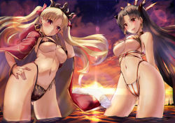 Rule 34 | 2girls, adjusting hair, arched back, armadillo-tokage, arms behind back, bikini, black bikini, blonde hair, blush, bracelet, breasts, brown hair, cape, cloak, cloud, cloudy sky, commentary request, crown, diffraction spikes, dusk, earrings, ereshkigal (fate), fate/grand order, fate (series), hair ribbon, hand on own hip, highleg, highleg bikini, highres, hip focus, hood, hooded cloak, ishtar (fate), jewelry, large breasts, lens flare, looking at viewer, looking to the side, multiple girls, navel, open mouth, parted bangs, red cape, red eyes, ribbon, sky, smile, star (sky), starry sky, sunlight, swimsuit, thighs, tohsaka rin, twintails, underboob, wading, water, white bikini