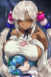 Rule 34 | 2girls, breast rest, breasts, breasts on head, dark-skinned female, dark skin, earth-chan, holocouncil, hololive, hololive english, large breasts, multiple girls, tsukumo sana, virtual youtuber
