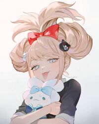 Rule 34 | 1girl, alternate hairstyle, bear hair ornament, black shirt, blonde hair, bow, danganronpa: trigger happy havoc, danganronpa (series), doll, enoshima junko, hair bow, hair ornament, holding, holding doll, hugging doll, hugging object, looking at viewer, miying (ho ru03 15), red bow, shirt, simple background, smile, solo, tongue, tongue out, upper body, white background