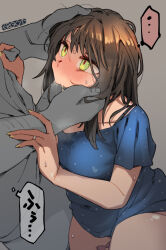 Rule 34 | ..., 1boy, 1girl, blue shirt, blush, bottomless, bra strap, brown hair, commentary request, cum, cum in mouth, ergot, fellatio, fubuki (kancolle), green eyes, hand on another&#039;s head, highres, jewelry, kantai collection, looking at another, medium hair, messy hair, monochrome background, no pants, oral, ring, saliva, saliva trail, shirt, simple background, solo focus, speech bubble, stain, sweat, t-shirt, thought bubble, translation request, wedding ring, wet, wet clothes, yellow nails