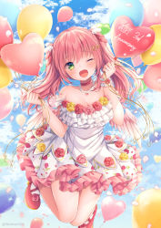 Rule 34 | 1girl, ;d, anniversary, balloon, bare shoulders, blue sky, breasts, cleavage, cloud, cloudy sky, commentary request, day, dress, fang, feathered wings, flower, frilled dress, frills, green eyes, hair between eyes, heart, heart background, holding, holding balloon, inasawa aiki, long hair, looking at viewer, medium breasts, nemuri nemu, off-shoulder dress, off shoulder, one eye closed, open mouth, outdoors, petals, pink flower, pink hair, pink rose, pink wings, red flower, red footwear, red rose, rose, shoes, sky, smile, socks, solo, taiki (company), twintails, white dress, white socks, wings, yellow flower, yellow rose