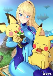 Rule 34 | 1girl, :3, :d, ^ ^, artist name, blonde hair, blue bodysuit, blue eyes, blue sky, blush, bodysuit, breasts, carrying, closed eyes, closed mouth, covered navel, creatures (company), eating, floating island, food, fruit, game freak, gen 1 pokemon, gen 2 pokemon, grass, hair between eyes, highres, ippers, long hair, looking at another, looking down, macaron, medium breasts, metroid, mole, mole under mouth, nintendo, open mouth, orange (fruit), pastry, pichu, pikachu, pokemon, pokemon (creature), ponytail, samus aran, sitting, sitting on lap, sitting on person, sky, smile, super smash bros., swept bangs, zero suit
