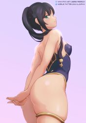 Rule 34 | 1girl, a-o a, absurdres, arms behind back, ass, bare arms, bare hips, bare shoulders, black hair, breasts, cowboy shot, from below, from side, genshin impact, gold trim, green eyes, hair ornament, hair ribbon, highleg, highleg leotard, highres, leotard, long hair, looking at viewer, mona (genshin impact), pixiv id, purple background, purple leotard, ribbon, simple background, skindentation, small breasts, smile, solo, strapless, strapless leotard, thighlet, thighs, twintails, twitter username