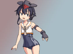 Rule 34 | 1girl, asymmetrical hair, black hair, black one-piece swimsuit, brown eyes, character name, commentary, cowboy shot, english commentary, flat chest, framed breasts, gloves, gradient background, hair between eyes, headphones, i-14 (kancolle), kantai collection, looking at viewer, neckerchief, negative space, one-hour drawing challenge, one-piece swimsuit, partially fingerless gloves, sailor collar, school swimsuit, short hair, single glove, sixten, solo, swimsuit