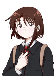 1girl asymmetrical_hair backpack bag black_jacket blazer bob_cut brown_eyes brown_hair closed_mouth commentary dress_shirt expressionless hair_ornament hand_on_own_chest highres iwakura_lain jacket long_sleeves looking_at_viewer neck_ribbon okai_(pixiv6333) red_ribbon ribbon school_bag school_uniform serial_experiments_lain shirt simple_background single_sidelock solo upper_body white_background white_shirt x_hair_ornament