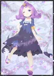 Rule 34 | 1girl, :3, acerola (pokemon), armlet, black border, blue background, blue eyes, blush, border, child, collarbone, creatures (company), dress, female focus, flat chest, full body, game freak, hair ornament, half-closed eyes, hand on own hip, happy, highres, holding, holding poke ball, magaton, multicolored clothes, multicolored dress, nintendo, one eye closed, outside border, poke ball, poke ball (basic), pokemon, pokemon sm, purple footwear, purple hair, sandals, short hair, short sleeves, simple background, smile, solo, sparkle, wink