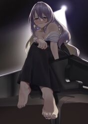Rule 34 | 1girl, absurdres, aiharararara, barefoot, blush, breasts, cleavage, crossed legs, dress, feet, highres, hololive, instrument, light smile, long hair, looking at viewer, microphone, moona hoshinova, piano, sitting, toes