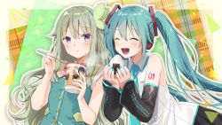 Rule 34 | 2girls, :d, ^ ^, asagao minoru, black sleeves, blue hair, blue necktie, blush, butterfly hair ornament, closed eyes, commentary request, detached sleeves, eating, fingernails, food, fork, green hair, green vest, grey shirt, hair ornament, hatsune miku, highres, holding, holding food, holding fork, kusanagi nene, long hair, multiple girls, necktie, nissin cup noodle, official art, onigiri, open mouth, project sekai, second-party source, shirt, sidelocks, smile, twintails, upper body, very long hair, vest, vocaloid, w arms
