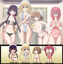 Rule 34 | 4girls, aged up, amano miu, areola slip, bare arms, bare legs, bare shoulders, beads, bikini, bikini bottom only, blend s, blonde hair, braid, breasts, brown hair, ceiling, chibi, collarbone, commission, embarrassed, female focus, full body, glasses, gradient background, hair beads, hair between eyes, hair ornament, hair ribbon, head scarf, highres, hinata kaho, hip focus, hoshikawa mafuyu, indoors, large breasts, locker, locker room, long hair, midriff, multiple girls, navel, open mouth, partially visible vulva, purple eyes, purple hair, ribbon, sakuranomiya maika, see-through, seraphina, shaded face, side-tie bikini bottom, slingshot swimsuit, small breasts, swimsuit, thigh gap, trembling, twin braids, twintails, v-shaped eyebrows