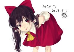 Rule 34 | 1girl, :p, arms behind back, asagiri rin, ascot, bare shoulders, bent over, bow, dated, detached sleeves, foreshortening, hair bow, hair tubes, hakurei reimu, highres, long hair, looking at viewer, perspective, red bow, solo, tongue, tongue out, touhou
