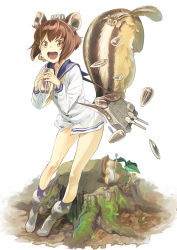 Rule 34 | 10s, 1girl, animal ears, boots, brown eyes, brown hair, cannon, dress, food, hair ornament, kantai collection, kemonomimi mode, large tail, nut (food), open mouth, personification, sailor dress, shimotsuki eight, short hair, smile, squirrel, squirrel ears, squirrel tail, tail, tree stump, yukikaze (kancolle)