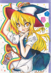 Rule 34 | !, 1girl, apron, arm up, black hat, black skirt, black vest, blonde hair, bow, frilled apron, frilled skirt, frills, hair between eyes, hat, hat bow, index finger raised, jigsaw (iori), kirisame marisa, lantern, large bow, long hair, looking at viewer, marker (medium), mini-hakkero, open mouth, puffy short sleeves, puffy sleeves, shirt, short sleeves, skirt, skirt set, solo, touhou, traditional media, vest, waist apron, white apron, white bow, white shirt, witch hat, yellow eyes