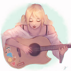 Rule 34 | 1girl, beamed quavers, blonde hair, earrings, closed eyes, freckles, guitar, heart, highres, holding instrument, ice cream cone, instrument, jewelry, long hair, music, musical note, open mouth, original, playing instrument, signature, simple background, smiley face, solo, sticker, trung doan, white background