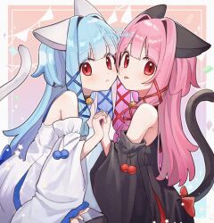 Rule 34 | 2girls, animal ears, bell, black dress, black sleeves, blue hair, blush, border, cat ears, cat tail, closed mouth, commentary request, cone huraku, cowboy shot, detached sleeves, dress, from side, gradient background, hair intakes, hands up, holding hands, interlocked fingers, jingle bell, kemonomimi mode, kotonoha akane, kotonoha aoi, long hair, looking to the side, low-tied sidelocks, multiple girls, neck bell, one side up, outside border, pennant, pink hair, red eyes, short dress, siblings, sidelocks, sisters, sitting, sleeveless, sleeveless dress, string of flags, tail, tongue, tongue out, twitter username, voiceroid, white border, white dress, white sleeves, wide sleeves