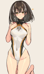 Rule 34 | 1girl, alternate costume, arknights, arms up, breasts, breasts apart, brown hair, competition swimsuit, covered navel, cowboy shot, diving mask, earrings, goggles, grey background, groin, hair between eyes, heart, highres, jewelry, kneeling, looking at viewer, magallan (arknights), mask, mask around neck, medium breasts, multicolored hair, narrow waist, one-piece swimsuit, parted bangs, rhine lab logo, short hair, sigm@, simple background, single earring, smile, solo, spoken heart, streaked hair, swimsuit, white one-piece swimsuit, wide hips, yellow eyes