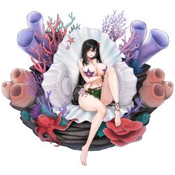 Rule 34 | 1girl, amphitrite (last origin), anklet, arms under breasts, barefoot, black hair, bracelet, breasts, cleavage, collarbone, coral, feet, flower, full body, hair between eyes, hair flower, hair ornament, highres, jewelry, kelp, knee up, large breasts, last origin, leaf bikini, leaf bracelet, leg up, legs, long hair, looking at viewer, mel (dodosae), navel, necklace, net, octopus, official alternate costume, official art, open mouth, pink flower, red eyes, sarong, seaweed, shell, shell necklace, simple background, sitting, skindentation, smile, solo, starfish bikini, sweat, swimsuit, tachi-e, third-party source, toenails, toes, transparent background