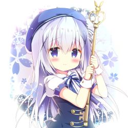 Rule 34 | 1girl, azumi kazuki, beret, blue bow, blue eyes, blue hair, blue hat, blue vest, blush, bow, closed mouth, collared shirt, commentary request, gochuumon wa usagi desu ka?, hair between eyes, hands up, hat, holding, holding key, kafuu chino, key, looking at viewer, oversized object, puffy short sleeves, puffy sleeves, shirt, short sleeves, smile, solo, striped, striped bow, upper body, vest, white shirt, wrist cuffs