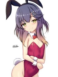 Rule 34 | 1girl, animal ears, bare shoulders, bow, bowtie, breasts, closed mouth, commentary request, cowboy shot, dated, dated commentary, detached collar, flat chest, gradient hair, hair ornament, hairclip, highleg, highleg leotard, highres, kantai collection, leotard, montemasa, multicolored hair, playboy bunny, purple hair, rabbit ears, rabbit tail, simple background, small breasts, smile, solo, strapless, strapless leotard, tail, tsushima (kancolle), twitter username, white background, wrist cuffs, yellow eyes