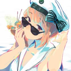 Rule 34 | 1girl, blunt bangs, bow, brown eyes, brown hair, close-up, closed mouth, clothes writing, food, hat, holding, holding food, ice cream, kantai collection, looking at viewer, looking over eyewear, looking over glasses, peaked cap, sailor collar, sailor hat, short hair, simple background, solo, sunglasses, swimsuit, tinted eyewear, white background, white sailor collar, you (yawnmgmg), z3 max schultz (kancolle)