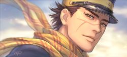Rule 34 | 1boy, brown eyes, brown hair, day, golden kamuy, hat, highres, looking at viewer, male focus, military hat, mprichin, outdoors, scar, scar on face, scar on mouth, scar on nose, scarf, short hair, signature, solo, spiked hair, sugimoto saichi, upper body, yellow scarf