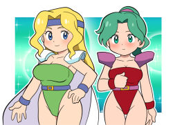 2girls belt blonde_hair blue_eyes blush breasts bubble_background cape celes_chere cleavage collarbone final_fantasy final_fantasy_vi green_background green_eyes green_hair green_leotard hand_on_own_hip headband highleg highleg_leotard large_breasts leotard long_hair looking_at_viewer multiple_girls pauldrons pink_belt ponytail purple_belt red_leotard shoulder_armor smile sparkle sparkle_background square_enix standing tina_branford white_cape wristband yume_yoroi