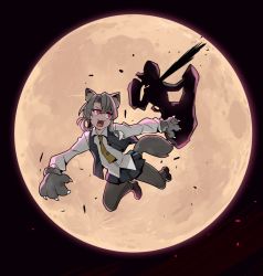 Rule 34 | animal ears, animal hands, asymmetrical hair, black legwear, black skirt, black vest, character request, collared shirt, dress shirt, fang, flipped hair, full moon, gloves, ido (teketeke), kantai collection, long sleeves, moon, necktie, night, nowaki (kancolle), open mouth, pantyhose, paw gloves, pleated skirt, red eyes, school uniform, shirt, silver hair, skirt, tail, tie clip, vest, white shirt, wolf ears, wolf girl, wolf paws, wolf tail, yellow neckwear