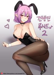 Rule 34 | 1girl, animal ears, bad id, bad pixiv id, bare shoulders, black leotard, blush, bow, bowtie, breasts, canape (canape0130), choker, cleavage, collarbone, come hither, detached collar, fake animal ears, fake tail, gradient background, high heels, highres, korean text, large breasts, leotard, looking at viewer, lucid (maplestory), maplestory, pantyhose, parted lips, patreon username, pink eyes, pink hair, playboy bunny, pointy ears, rabbit ears, rabbit tail, short hair, smile, solo, strapless, strapless leotard, tail, translation request, wrist cuffs