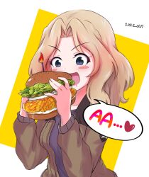 Rule 34 | 1girl, :d, amogan, black shirt, blonde hair, blue eyes, blush stickers, brown jacket, candle, chicken sandwich, commentary, dated, emblem, food, girls und panzer, hair intakes, heart, highres, holding, holding food, jacket, kay (girls und panzer), lettuce, long sleeves, medium hair, military, military uniform, open clothes, open jacket, open mouth, pickle, saliva, saunders military uniform, shirt, smile, solo, speech bubble, star (symbol), uniform, upper body