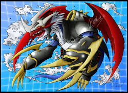 Rule 34 | armor, barlume (barlzar), blue background, cannon, claws, cloud, digimon, digimon (creature), dragon, flying, highres, horns, imperialdramon, imperialdramon dragon mode, no humans, open mouth, red eyes, sharp teeth, signature, spikes, teeth, white hair, wings
