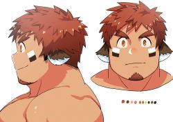 Rule 34 | 1boy, absurdres, animal ears, bara, blush, brown eyes, brown hair, close-up, cow boy, cow ears, cropped shoulders, dark-skinned male, dark skin, dyzd1, facial hair, forked eyebrows, goatee, highres, looking at viewer, male focus, multiple views, muscular, muscular male, no horns, pectorals, short hair, sidepec, spiked hair, thick eyebrows, tokyo houkago summoners, wakan tanka