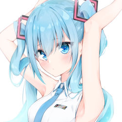 Rule 34 | 1girl, armpits, bare arms, bare shoulders, blue eyes, blue hair, blue necktie, blush, breasts, closed mouth, collared shirt, hair between eyes, hair ornament, hatsune miku, highres, hijouguti, long hair, looking at viewer, medium breasts, necktie, shirt, solo, twintails, upper body, vocaloid, white shirt