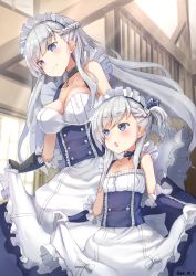 Rule 34 | 2girls, aged down, apron, azur lane, belfast (azur lane), blue eyes, blush, braid, breasts, chain, choker, cleavage, closed mouth, clothes lift, collar, collarbone, corset, day, dress, dress lift, french braid, frilled gloves, frilled sleeves, frills, gauntlets, gloves, hair between eyes, highres, indoors, large breasts, light particles, long hair, looking at viewer, maid, maid headdress, multiple girls, one side up, open mouth, sidelocks, silver hair, small breasts, smile, sunlight, white gloves, window, yu ni t