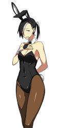 Rule 34 | 1girl, animal ears, bare shoulders, black hair, black hood, blue eyes, breasts, cleavage, earrings, fake animal ears, highres, jewelry, kamezaemon, leotard, md5 mismatch, multicolored hair, necktie, original, pantyhose, playboy bunny, ponytail, rabbit ears, rabbit tail, resolution mismatch, simple background, solo, source smaller, tail, two-tone hair, white background, white hair, wrist cuffs