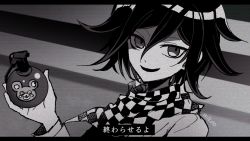 Rule 34 | 1boy, checkered clothes, checkered scarf, danganronpa (series), danganronpa v3: killing harmony, explosive, grenade, grey background, greyscale, hair between eyes, hand up, holding, holding grenade, letterboxed, long sleeves, looking at viewer, male focus, medium hair, messy hair, mikao (eanv5385), monochrome, mouse print, open mouth, oma kokichi, portrait, scarf, solo, translation request