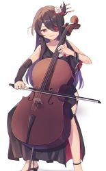 Rule 34 | 1girl, beidou (genshin impact), black dress, black hair, bow, cello, commentary request, dress, eyepatch, genshin impact, hair ornament, hairpin, high heels, highres, holding, holding instrument, instrument, long hair, looking at viewer, music, playing instrument, red eyes, shirase (shirose), sidelocks, simple background, smile, solo, thigh gap, white background