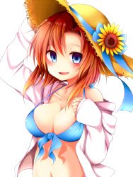 Rule 34 | 1girl, arm up, bikini, blonde hair, blue bikini, blue eyes, blue ribbon, blush, breasts, chikuwa savy, cleavage, collarbone, flower, front-tie bikini top, front-tie top, gradient hair, hand on own chest, hat, hat flower, hat ribbon, highres, higurashi no naku koro ni, holding, holding clothes, holding hat, large breasts, long sleeves, looking at viewer, multicolored hair, navel, red hair, ribbon, ryuuguu rena, shirt, short hair, simple background, solo, stomach, strap slip, straw hat, sunflower, swimsuit, white background, white shirt, yellow hat