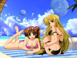 Rule 34 | 00s, 2girls, :d, armband, ass, asymmetrical hair, back, bardiche (nanoha), bardiche (standby form) (nanoha), barefoot, beach, beach towel, beads, bikini, black bikini, blanket, blonde hair, blue eyes, blue sky, blurry, blush, breast hold, breasts, brown hair, butt crack, cleavage, cloud, cloudy sky, cooler, crossed legs, day, depth of field, eyewear on head, fate testarossa, feet, flower, flying, from behind, front-tie bikini top, front-tie top, gem, hibiscus, higa yukari, high ponytail, highres, holding, index finger raised, large breasts, legs up, long hair, looking at viewer, looking back, lowleg, lowleg bikini, lying, lyrical nanoha, mahou senki lyrical nanoha force, mahou shoujo lyrical nanoha, moon, multiple girls, ocean, official art, on stomach, open mouth, outdoors, palm tree, parted bangs, pink bikini, print bikini, purple eyes, raising heart, raising heart (standby mode), red eyes, rock, side-tie bikini bottom, side ponytail, sitting, skindentation, sky, smile, soles, string bikini, striped, sunglasses, swimsuit, takamachi nanoha, thigh strap, towel, tree, underboob, very long hair, water, wings