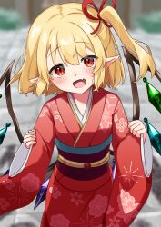Rule 34 | 1girl, blonde hair, blurry, depth of field, excited, flandre scarlet, floral print kimono, hair ornament, highres, japanese clothes, kimono, looking at viewer, pointy ears, rainbow wings, red eyes, red kimono, short hair, smile, solo, suikario, touhou