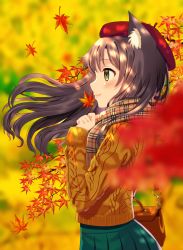 Rule 34 | 1girl, animal ears, autumn, autumn leaves, bag, beret, blurry, blurry background, brown scarf, cat ears, closed mouth, commentary request, depth of field, falling leaves, floating hair, from side, green skirt, handbag, hat, highres, holding, holding leaf, leaf, lips, long sleeves, looking afar, looking away, orange sweater, original, outdoors, plaid, plaid scarf, pleated skirt, profile, red hat, ribbed sweater, scarf, skirt, sleeves past wrists, smile, solo, sweater, tareme, toujou mina, upper body, wind