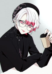 Rule 34 | 1boy, akuma shitsuji to kuroi neko, ammon lead, beret, black jacket, black necktie, black shirt, coffee cup, cup, disposable cup, farico, floral print, glasses, grey background, hat, highres, holding, holding cup, jacket, male focus, multicolored hair, necktie, pink eyes, pink hair, shirt, short hair, sitting, solo, tongue, tongue out, turtleneck, white hair
