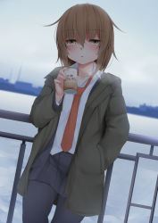 Rule 34 | 1girl, :o, bad id, bad pixiv id, black jacket, black pantyhose, black skirt, blush, brown hair, can, canned coffee, coat, drink can, green coat, hair between eyes, hand in pocket, holding, holding can, jacket, kantai collection, long sleeves, ne an ito, necktie, outdoors, pantyhose, pleated skirt, railing, red necktie, shirt, short hair, skirt, sky, solo, steam, wakaba (kancolle), white shirt