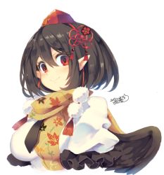 Rule 34 | 1girl, 2015, bird wings, black hair, black wings, blush, breasts, dated, eyebrows, flower, hat, iroyopon, leaf print, looking at viewer, necktie, pointy ears, pom pom (clothes), puffy sleeves, red eyes, scarf, shameimaru aya, shirt, short hair, short sleeves, signature, simple background, smile, solo, string, tokin hat, touhou, upper body, white background, wings