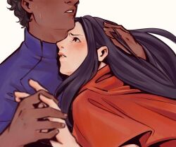 Rule 34 | 1boy, 1girl, black hair, blue jacket, blurry, blush, capelet, commentary, curly hair, dark-skinned male, dark skin, depth of field, dungeon meshi, english commentary, floating hair, hand in another&#039;s hair, hand on another&#039;s head, hand up, hands up, head out of frame, hetero, highres, holding hands, hug, interlocked fingers, jacket, kabru, leaning on person, long hair, looking at another, nicandragon, parted lips, profile, red capelet, rin (dungeon meshi), short hair, simple background, upper body, white background