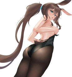Rule 34 | 1girl, :o, absurdres, amiya (arknights), animal ears, arknights, ass, backless leotard, black leotard, blue eyes, blush, breasts, breasts out, brown hair, brown pantyhose, clothing cutout, covering privates, covering breasts, cowboy shot, from behind, from below, highres, leotard, leotard pull, long hair, looking at viewer, looking back, looking down, medium breasts, niuwajun, open mouth, pantyhose, playboy bunny, ponytail, rabbit ears, rabbit girl, rabbit tail, sidelocks, solo, strapless, strapless leotard, tail, tail through clothes, very long hair