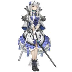 Rule 34 | 1girl, arknights, bibeak (arknights), black footwear, blue dress, blue flower, blue rose, boots, bow, breasts, cape, dress, feather hair, flower, full body, gloves, grey eyes, hair bow, hair flower, hair ornament, holding, holding sword, holding weapon, long hair, looking at viewer, low wings, medium breasts, petticoat, puffy short sleeves, puffy sleeves, rayvon, rose, scabbard, sheath, short sleeves, sidelocks, silver hair, solo, standing, sword, transparent background, weapon, white bow, white cape, white gloves, wings